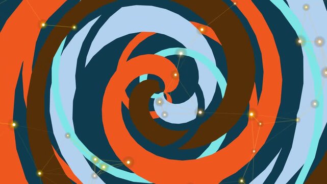 Abstract dynamic swirl in orange teal light blue and brown accented with luminous constellations; swirling vortex background for digital art