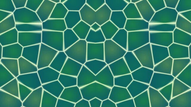 Abstract geometric mosaic pattern in shades of green with glowing white outlines creating a symmetrical kaleidoscope design