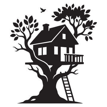 Black silhouette of a treehouse in a tree with a ladder and birds isolated on white background, Vector, illustration