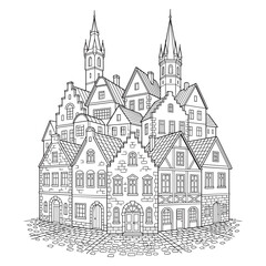 Obraz premium Black and white illustration of medieval european town with spires isolated on white background, Vector, illustration