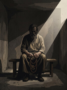 Atmospheric digital raster illustration depicting an elderly bearded man sitting alone on a bench in a dark prison cell. A dramatic ray of light illuminates him holding a religious rosary