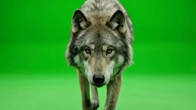 Majestic Gray Wolf Walking Forward Isolated on a Bright Green Screen Chroma Key Background for Professional Wildlife Video Production