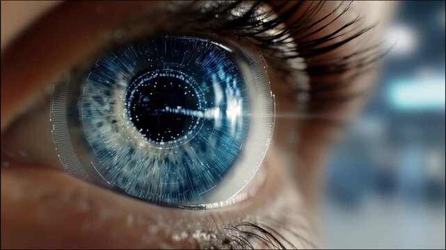 human eye with blue iris and digital technology overlay. High-tech digital effects with radiating light patterns and futuristic HUD elements surrounding the pupil.