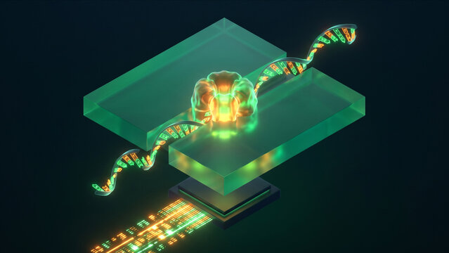 人工ポリマー膜のナノポアを通過して解析される一本鎖DNAとシリコンセンサーのアイソメトリック画像
