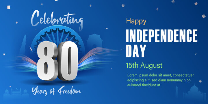 india independence day celebration banner 3d number with digital tricolor waves on blue background and confetti falling