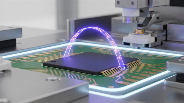 PCB基板上で幾何学的なパラボラを描く金線とUV発光するワイヤーボンディング工程の超マクロ画像