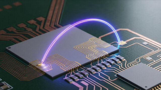 PCB基板上で幾何学的なパラボラを描く金線とUV発光するワイヤーボンディング工程の超マクロ画像