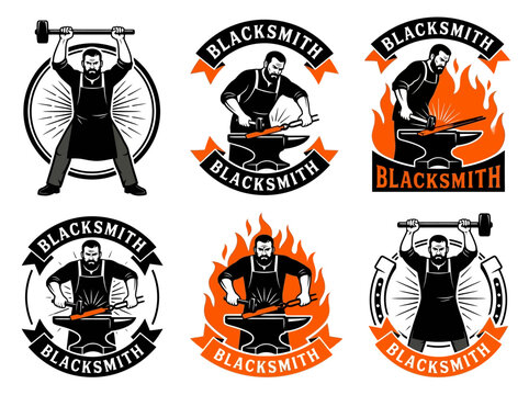 Vintage Blacksmith Logo Collection featuring Bearded Smith with Anvil and Hammer Illustrations