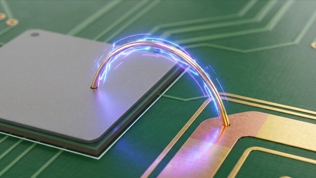 PCB基板上で幾何学的なパラボラを描く金線とUV発光するワイヤーボンディング工程の超マクロ画像