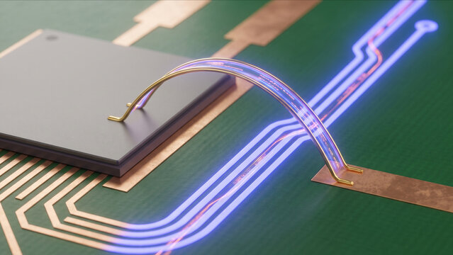 PCB基板上で幾何学的なパラボラを描く金線とUV発光するワイヤーボンディング工程の超マクロ画像