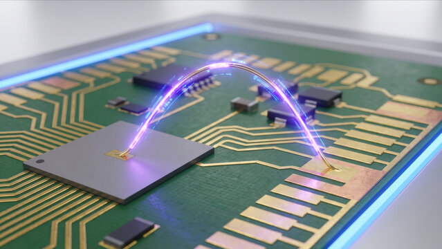 PCB基板上で幾何学的なパラボラを描く金線とUV発光するワイヤーボンディング工程の超マクロ画像