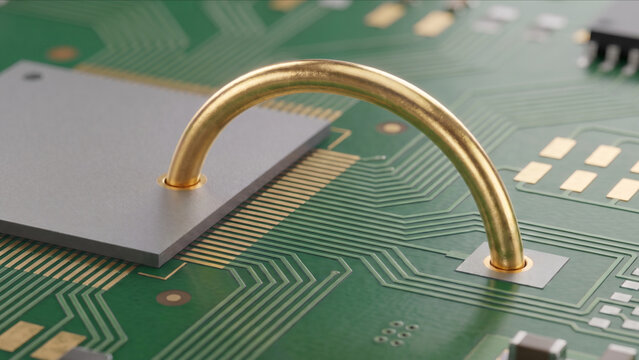PCB基板上のシリコンダイから完璧な放物線を描く非発光の純金線ワイヤーボンディングの超マクロ画像