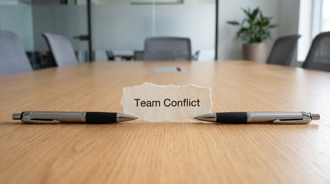 Team conflict arising in a meeting room with pens symbolizing a divide and disagreement at work