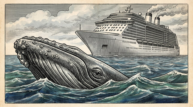 Detailed vintage style digital raster illustration depicting a magnificent giant whale surfacing in choppy ocean waves while a huge luxury cruise ship sails in the background