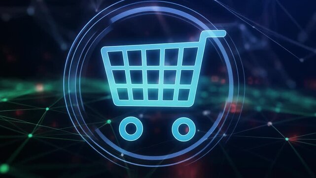 Animated shopping cart icon glowing with digital network against dark background during online commerce concept