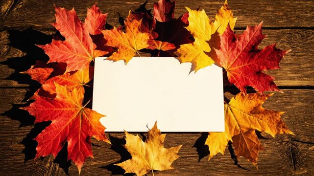 Autumn leaves arrangement with empty blank rectangle on wooden background for text or message