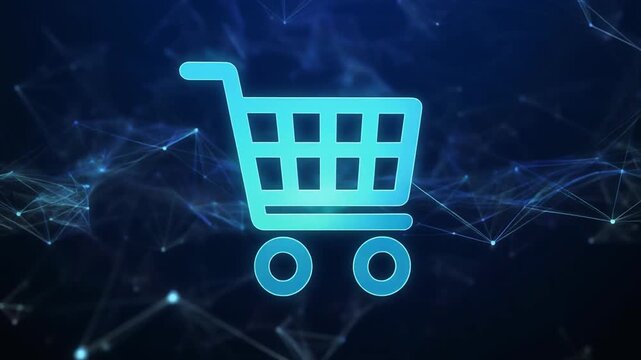 Digital shopping cart icons pulsing with network data streams during online commerce transactions