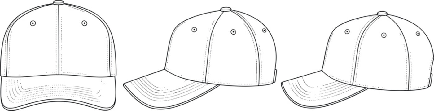Detailed technical line drawing of baseball cap front, side, and angled view with stitching
