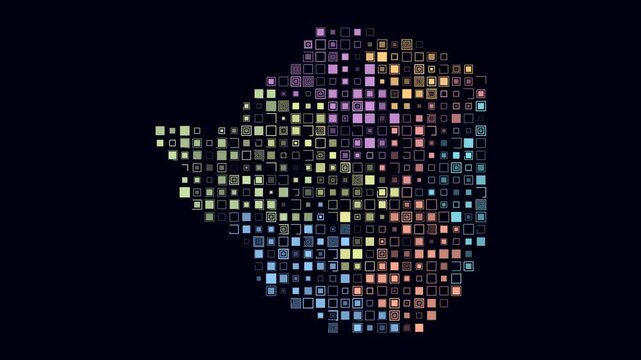 Zimbabwe animated country shape. Pulsating colored dots on the map of the country. Large size square blocks. Digital style Zimbabwe map on dark background. Beautiful animation video.