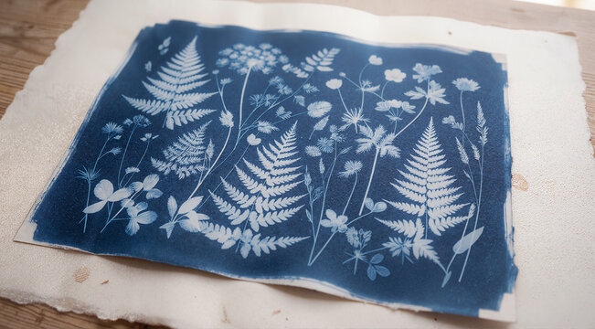Cyanotype print of pressed ferns and wildflowers. Botanical sun print on textured paper.
