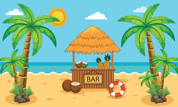 Tropical beach juice bar with palm trees coconut and lifebuoy flat vector illustration