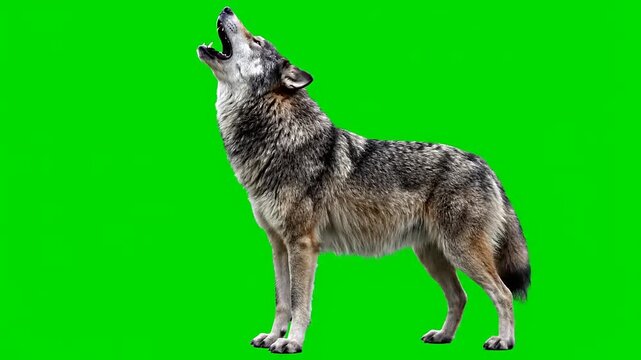 A gray wolf howling on a vibrant green screen background, perfect for wildlife documentaries and educational content