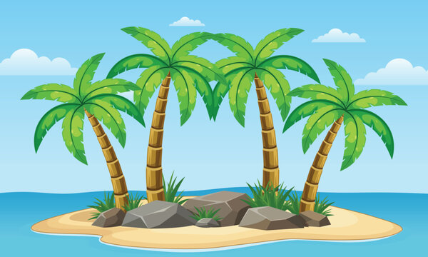 Tropical island beach landscape with palm trees and rocks vector illustration