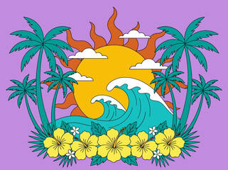 Retro Tropical Summer Beach Illustration with Sun Waves and Hibiscus © Daniela