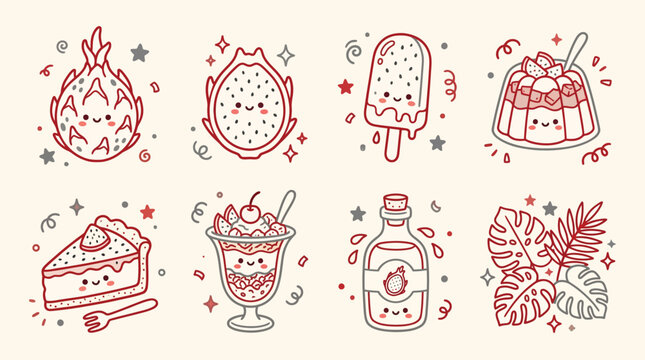 Kawaii-style illustrations of various sweet treats and tropical fruits, featuring cute faces and playful designs.