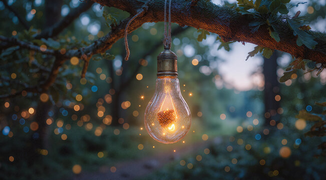 Glowing light bulb hanging on a tree branch. Magical forest lamp with warm bokeh lights.