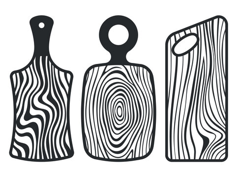 Set of three stylized wooden cutting board silhouettes with organic grain patterns