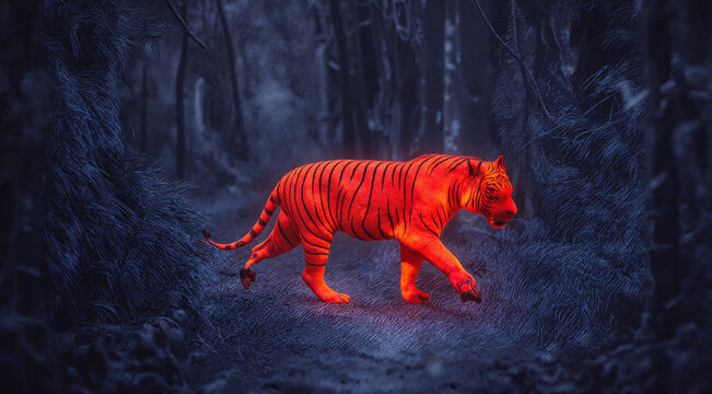 Glowing tiger walking in a dark forest. Surreal neon predator stalking through night woods.