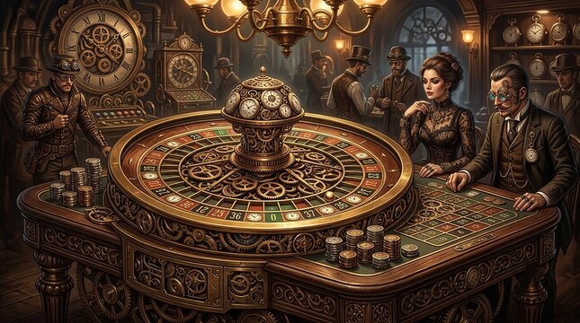 Steampunk Casino Roulette Table with Intricate Cogs, Gears, and Victorian Players in an Antique Clockwork Room