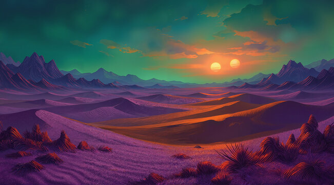 Alien desert landscape at sunset. Surreal sci-fi planet with twin suns and purple dunes.