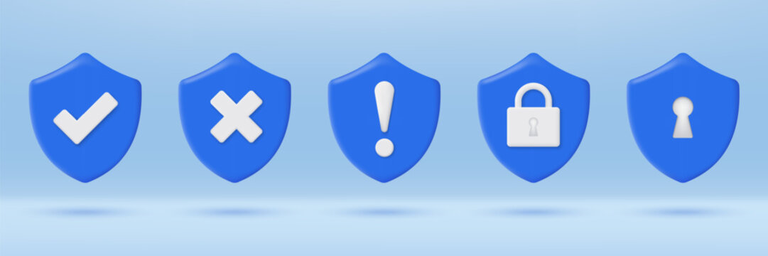 Five security shield icons with different symbols indicating verification status and protection levels isolated on transparent background