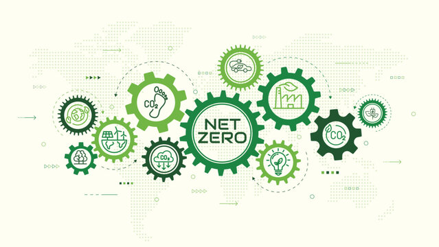 Illustrated concept showing interconnected gears representing net zero carbon emissions and sustainable environmental practices
