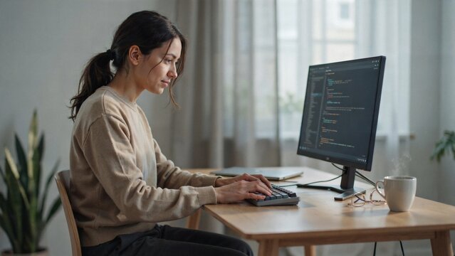 Young woman working on computer code at home office with coffee with keyboard while viewing woman sitting wooden
