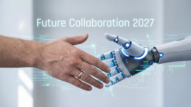 Human and robotic hands reaching out for a firm handshake symbolizing future collaboration with glowing blue digital interface elements in a clean modern professional setting captured in high resoluti