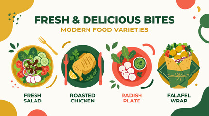 Healthy food and diet meal vector illustration set with salad, grilled chicken, and wrap on geometric background © Teguh