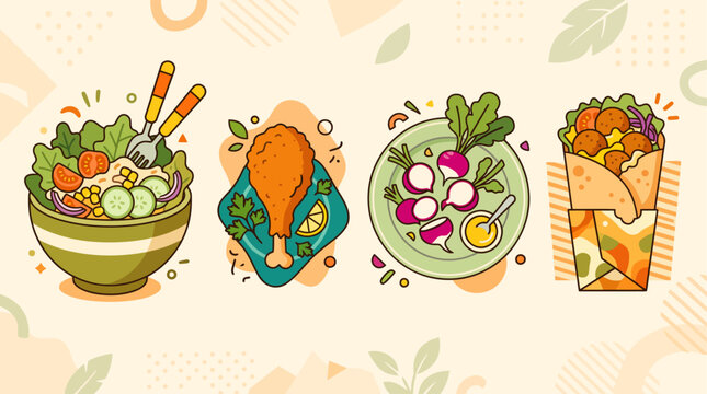 Healthy food and diet meal vector illustration set with salad, grilled chicken, and wrap on geometric background