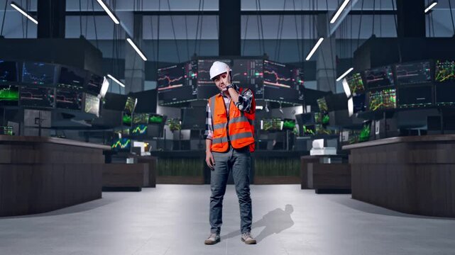 Full Body Of Asian Male Engineer With Safety Helmet Showing Ok Hand Sign Over Eye And Smiling To Camera While Standing at Financial Trading Control Room