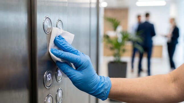 Ensuring workplace safety A gloved hand diligently sanitizes elevator buttons in a modern office, highlighting essential hygiene practices during a health crisis