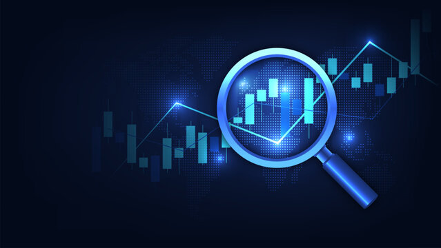 Magnifying glass examining detailed stock market candlestick chart with upward trend analysis illustration