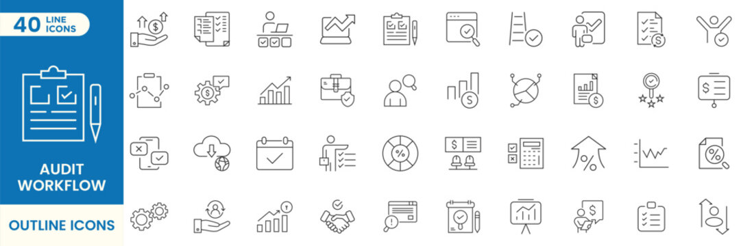 Audit Workflow Line Icons Set, Compliance, Financial Audit, Internal Control, Document Review, Risk Assessment, Business Process, Accounting, Verification, Reporting and Analytics Outline Vector