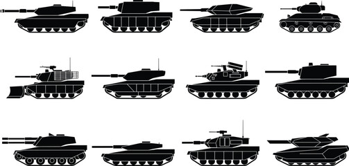 Military Tank Silhouette Vector Illustrations Showing Modern, Classic, Armored Vehicle Designs with Turrets, Barrels, Wheels, and Tracks Artwork © Artist RH