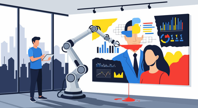Man controls robotic arm painting data charts in modern office studio