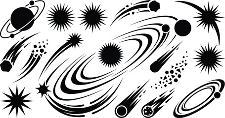 Space Elements Silhouette Collection with Planets Comets Stars and Galaxy Orbit Vector Set ©  Reza Artify Lab