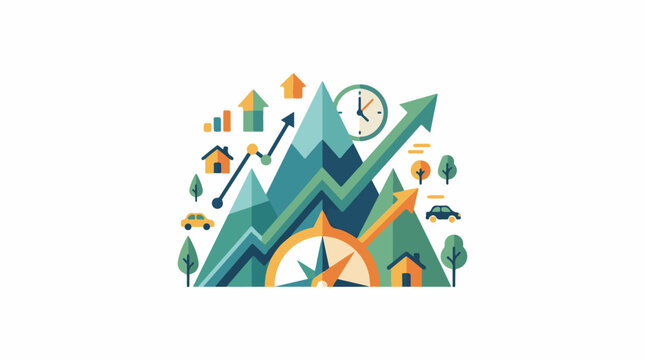 Abstract illustration of growth progress and navigation with mountains charts and compass
