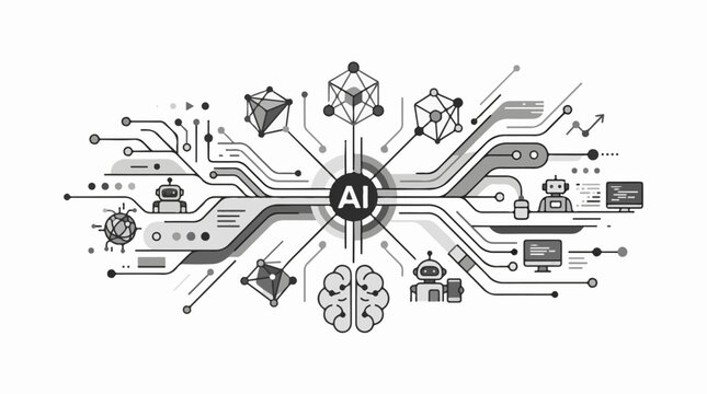 Abstract network of AI connections with robots brains and computers