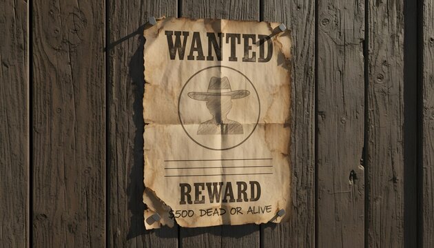 Vintage western wanted poster with reward text mounted on weathered wooden planks frontier textured scratched weathered criminal paperwork advertising woodgrain background agedpaper